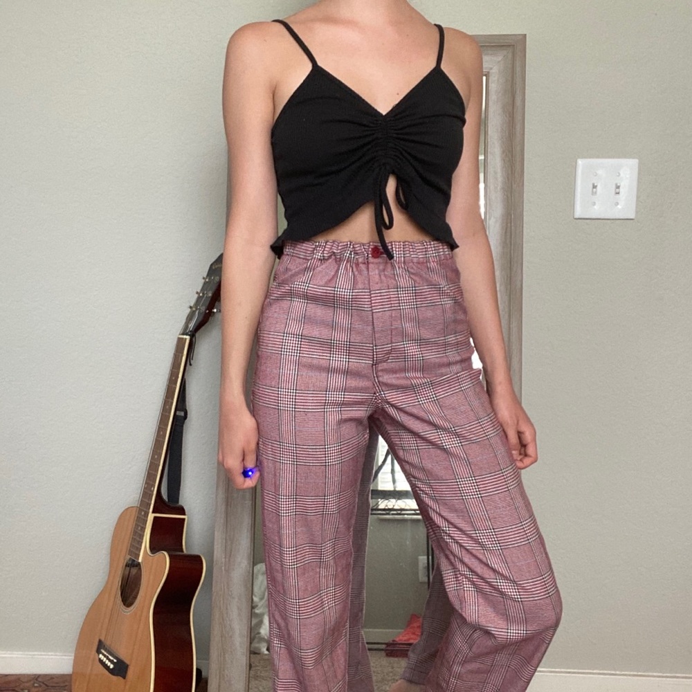 red black and pink plaid flared pants